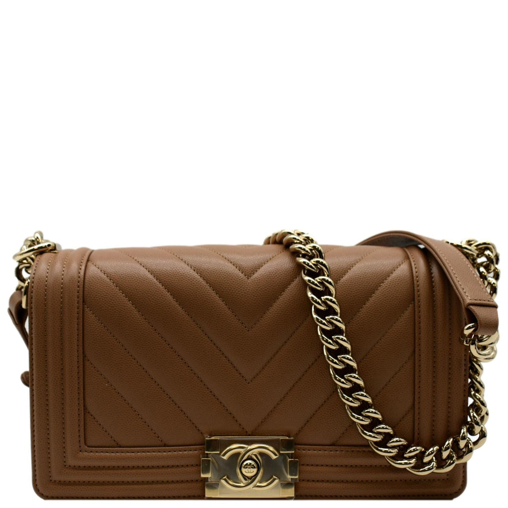 CHANEL Medium Boy Flap Chevron Caviar Leather Crossbody Bag Beige
