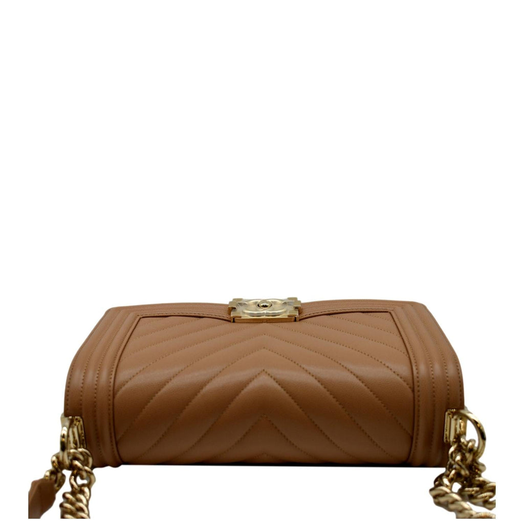 CHANEL Medium Boy Flap Chevron Caviar Leather Crossbody Bag Beige