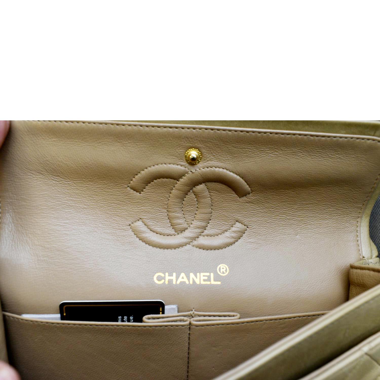 CHANEL Classic Double Flap Leather Shoulder Bag Beige