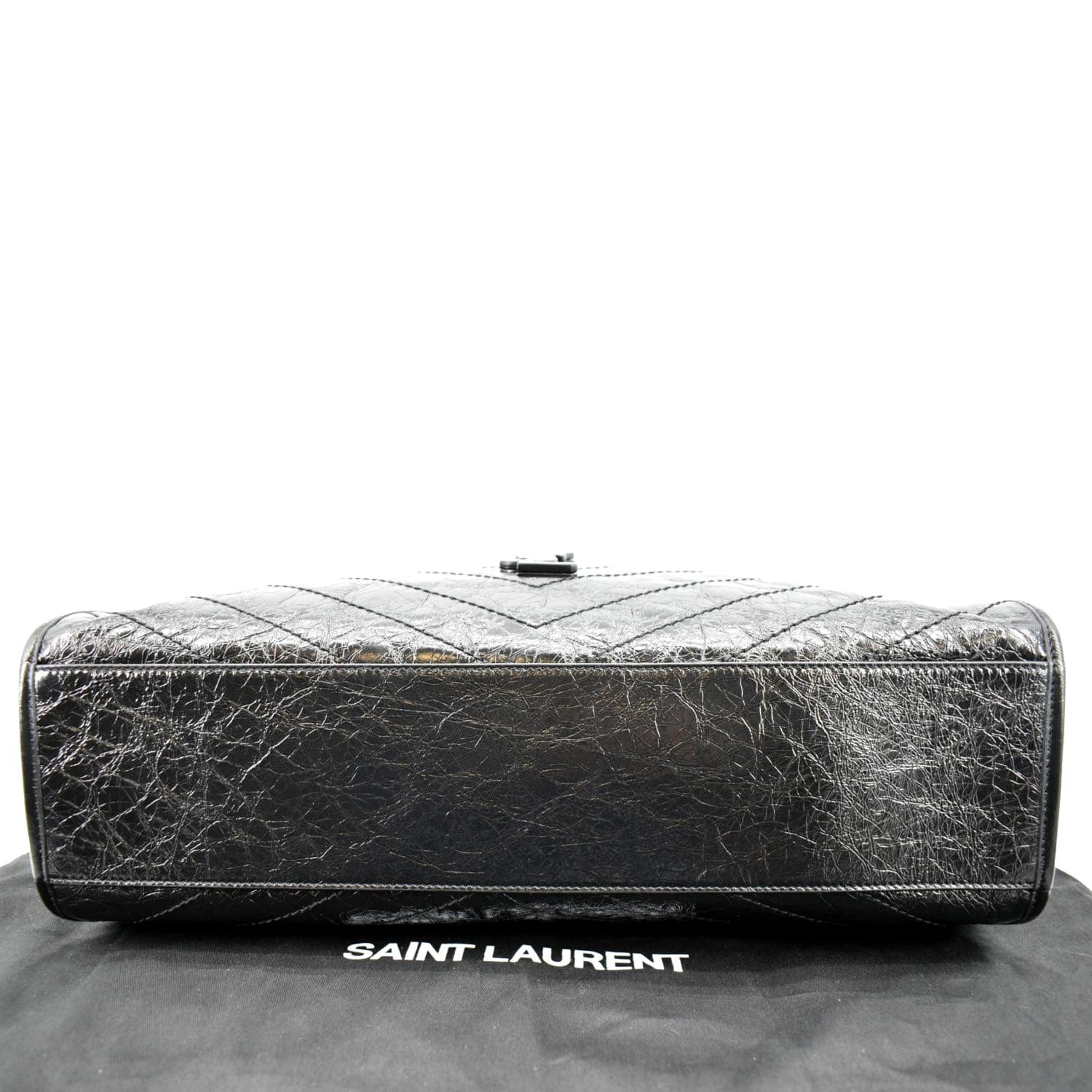 YVES SAINT LAURENT Niki Large Crinkle Leather Shopper Tote Bag Black