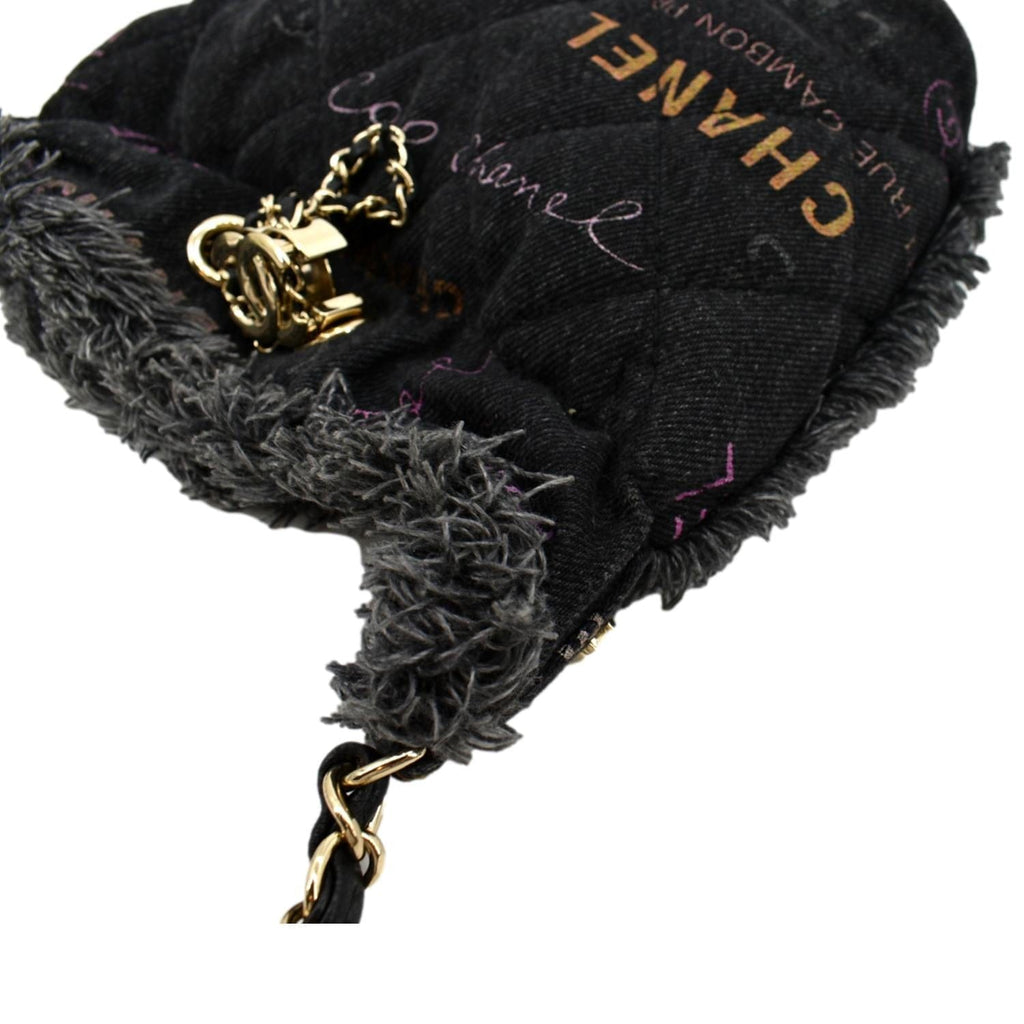 CHANEL Denim Mood Logo Printed Quilted Fringe Denim Chain Bucket Bag Black