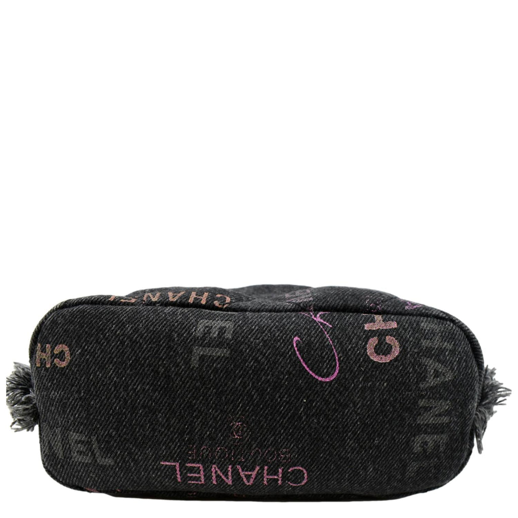 CHANEL Denim Mood Logo Printed Quilted Fringe Denim Chain Bucket Bag Black
