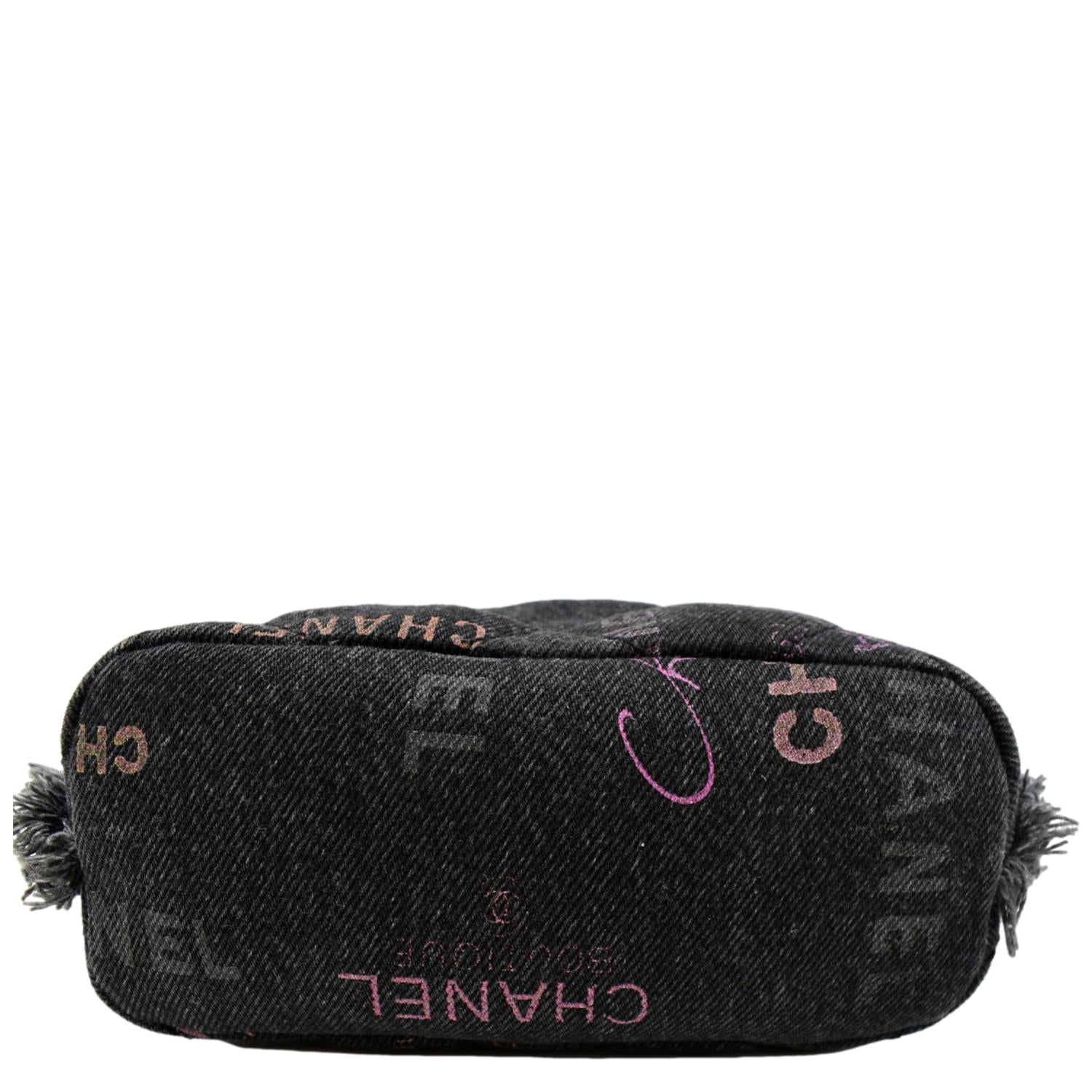 CHANEL Denim Mood Logo Printed Quilted Fringe Denim Chain Bucket Bag Black