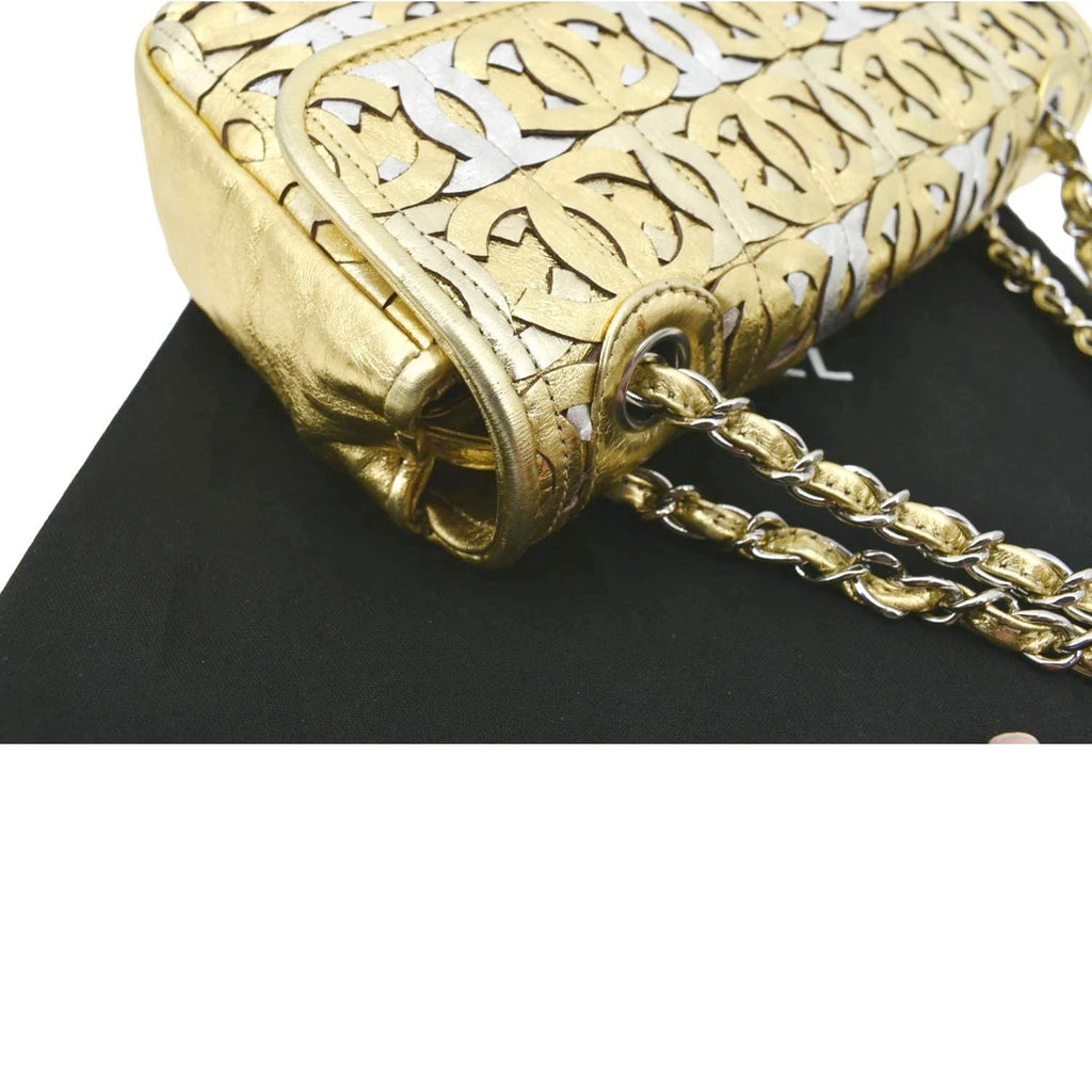 CHANEL Mix Medium Flap CC Crackled Calfskin Shoulder Bag Silver Gold