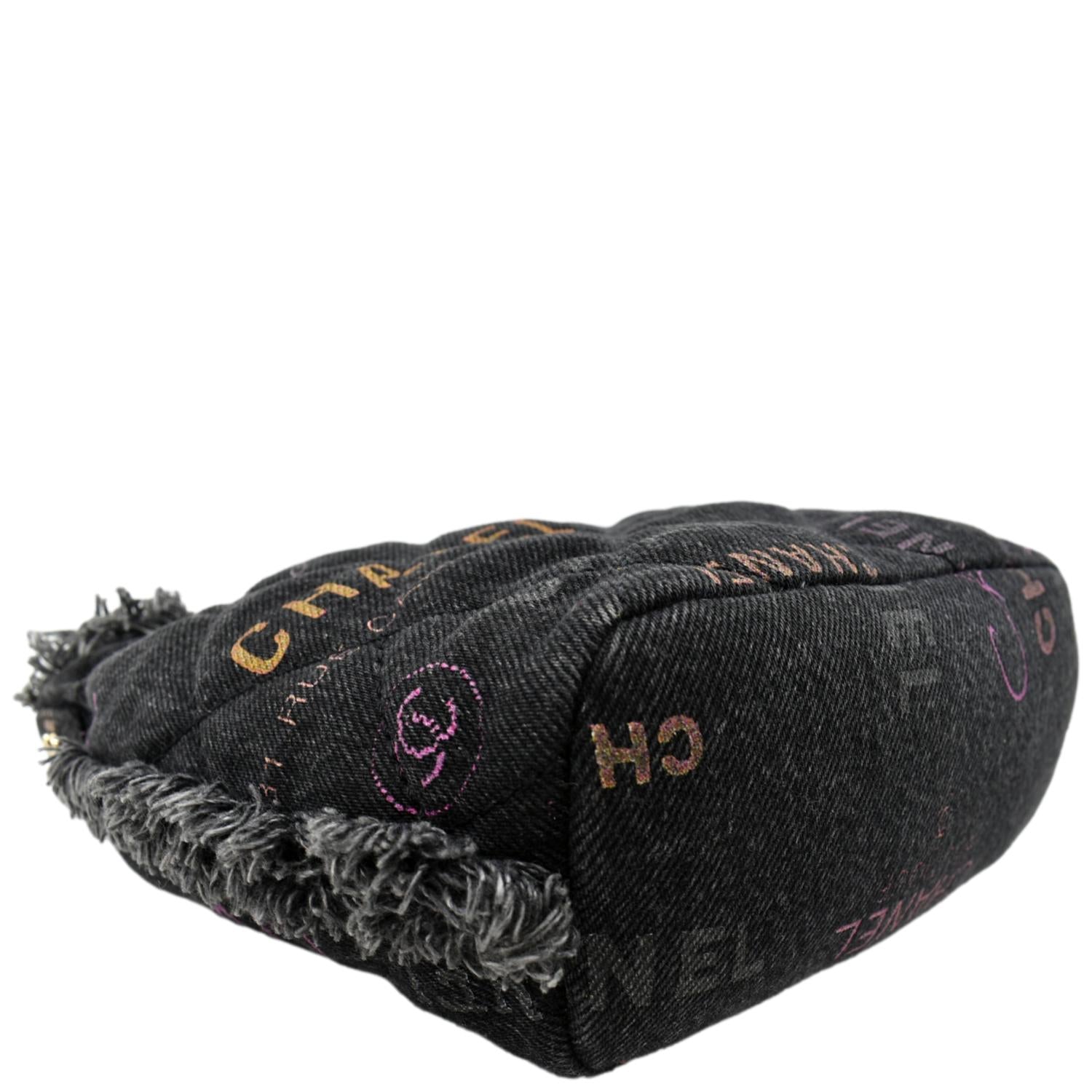 CHANEL Denim Mood Logo Printed Quilted Fringe Denim Chain Bucket Bag Black