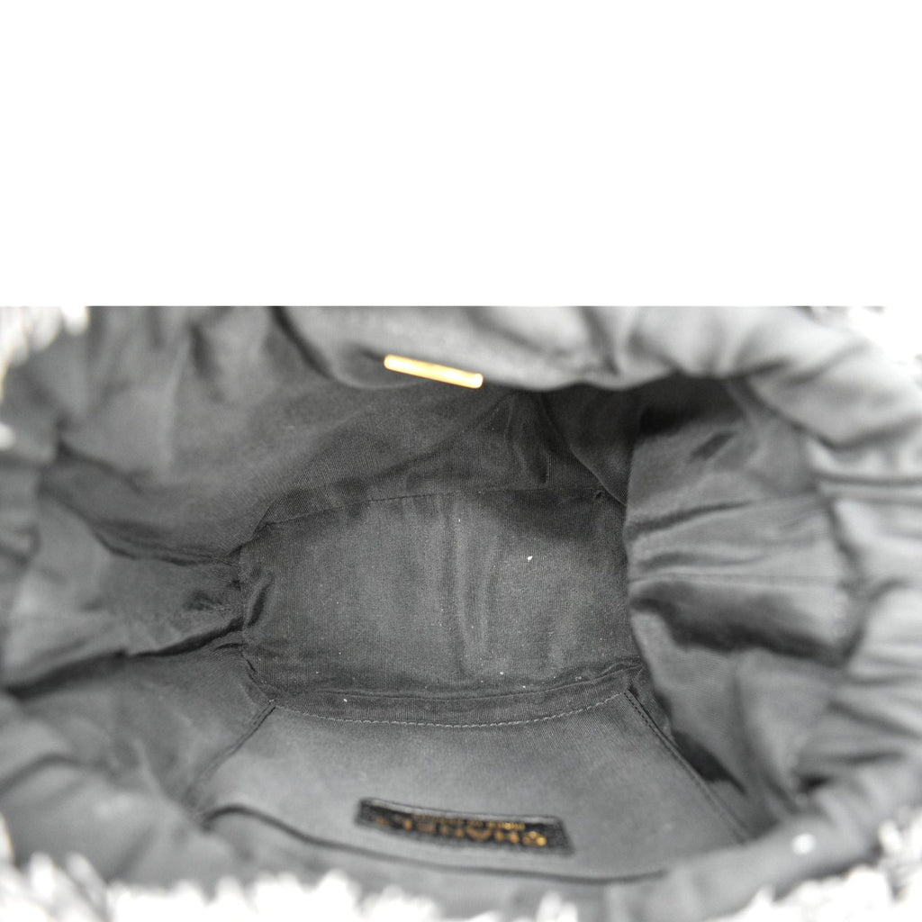 CHANEL Denim Mood Logo Printed Quilted Fringe Denim Chain Bucket Bag Black