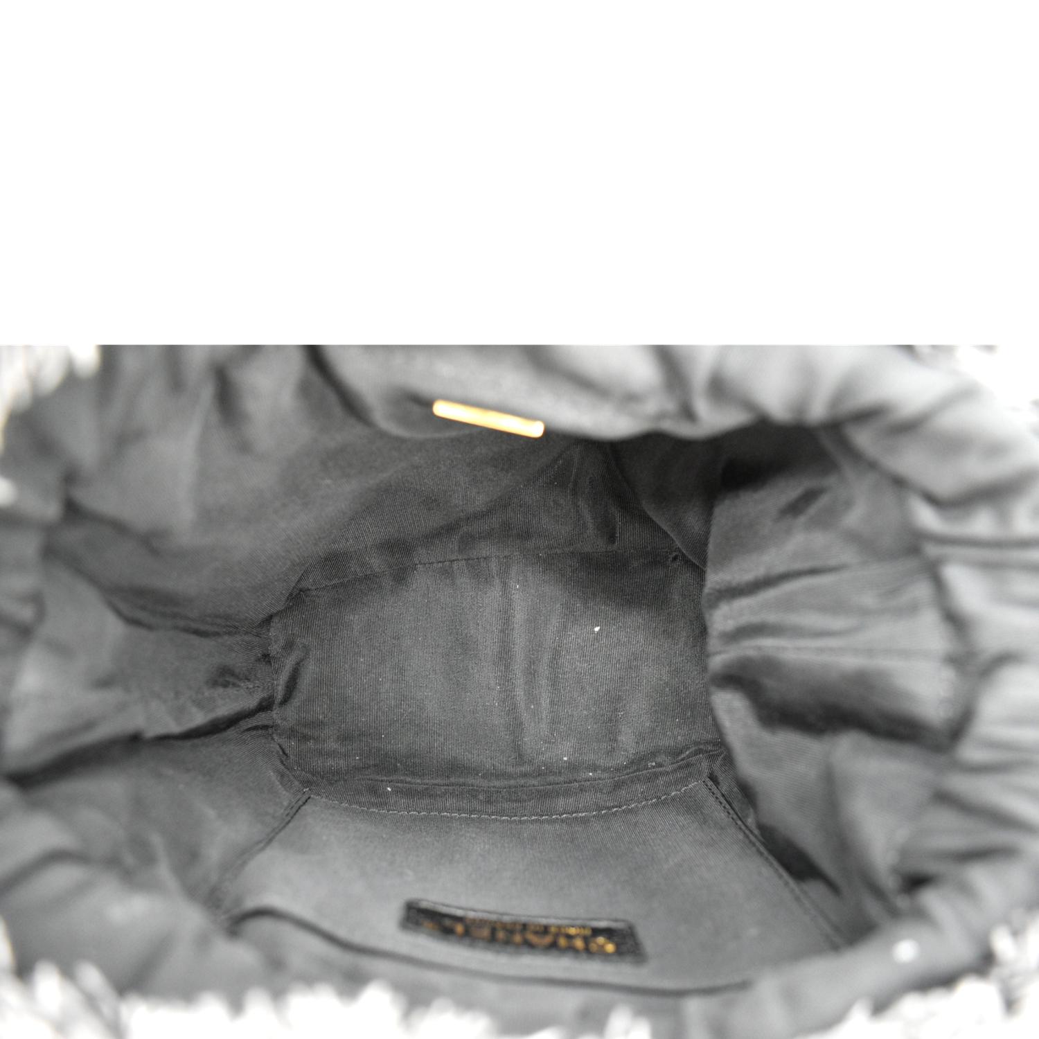 CHANEL Denim Mood Logo Printed Quilted Fringe Denim Chain Bucket Bag Black