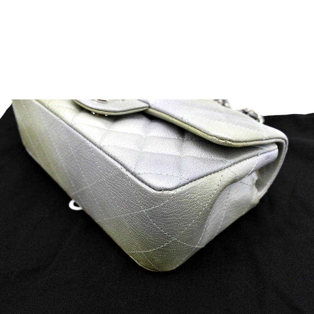 CHANEL Mini Rectangular Flap Quilted Chevre Leather Crossbody Bag Metallic Gray/Green
