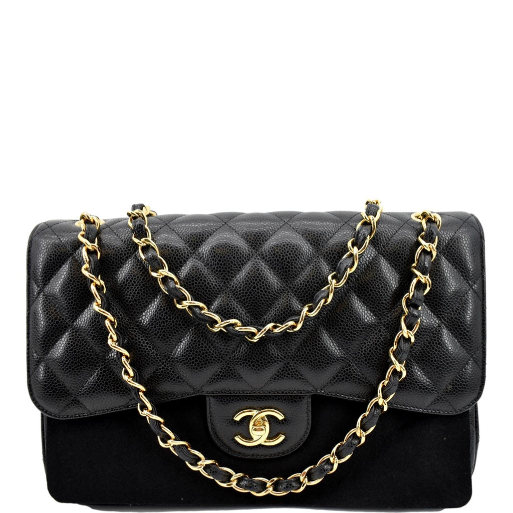 CHANEL Jumbo Double Flap Caviar Leather Shoulder Bag Black