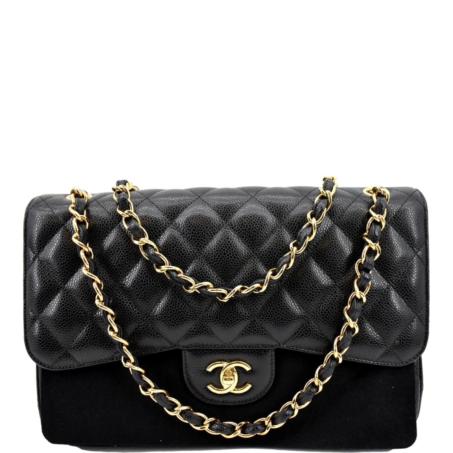 CHANEL Jumbo Double Flap Caviar Leather Shoulder Bag Black