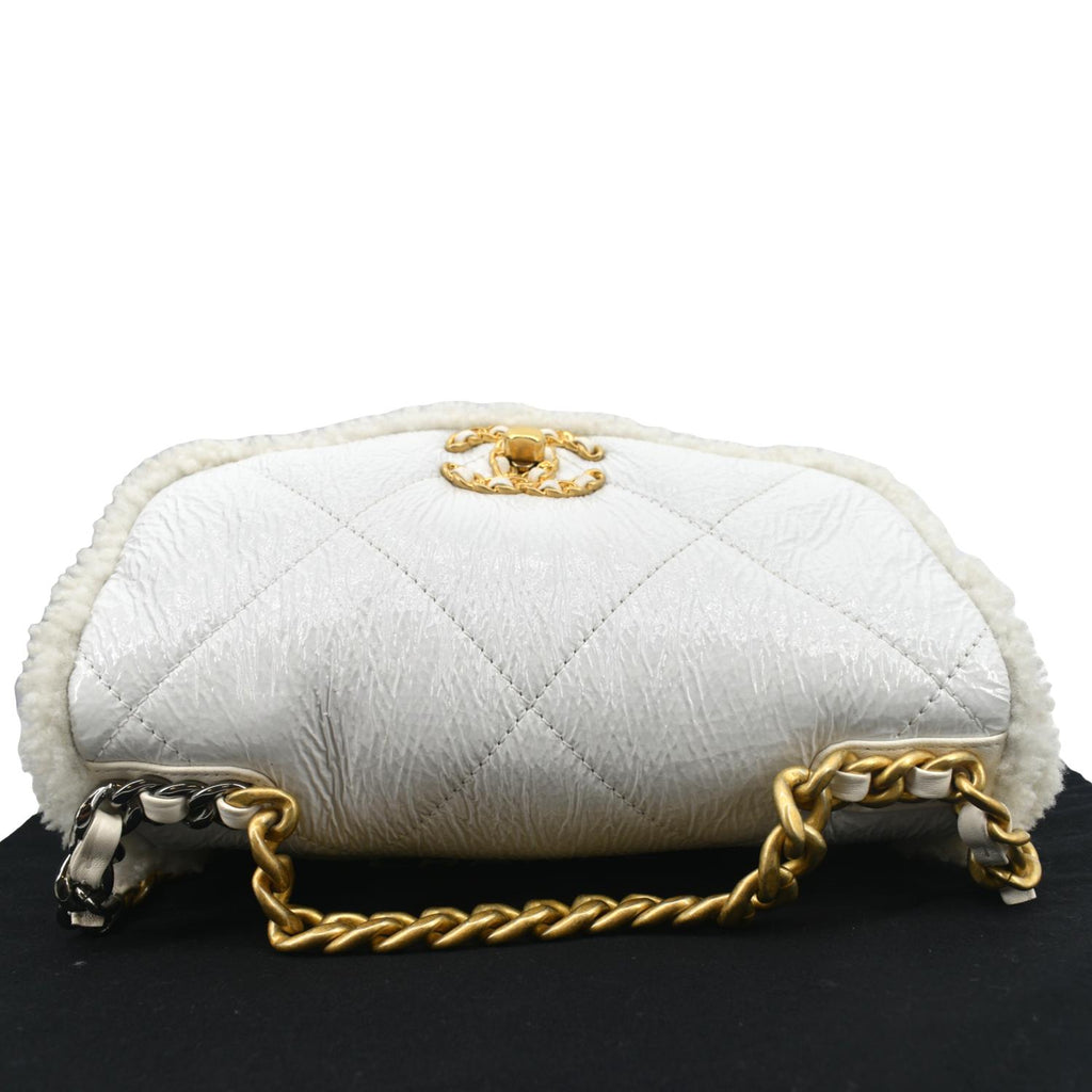 CHANEL 19 Flap Shearling Patent Leather Shoulder Bag White