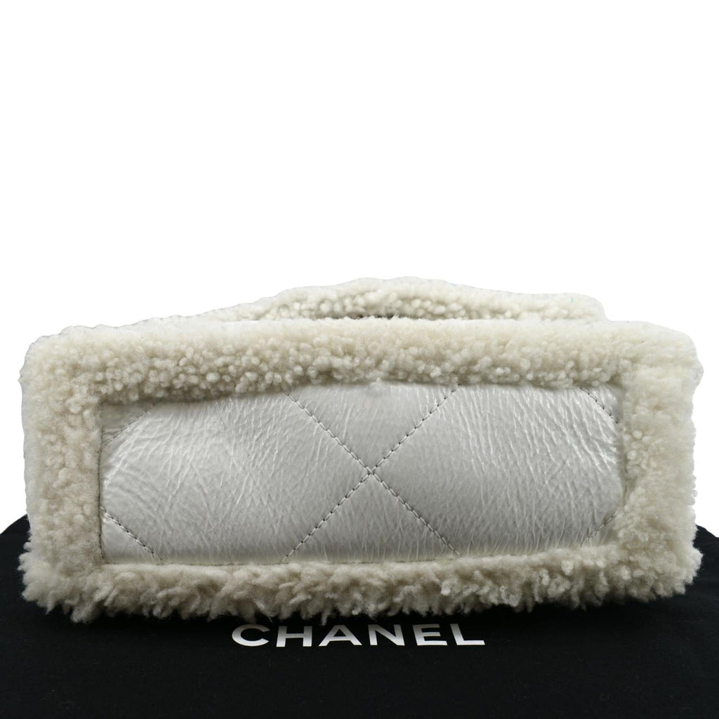 CHANEL 19 Flap Shearling Patent Leather Shoulder Bag White