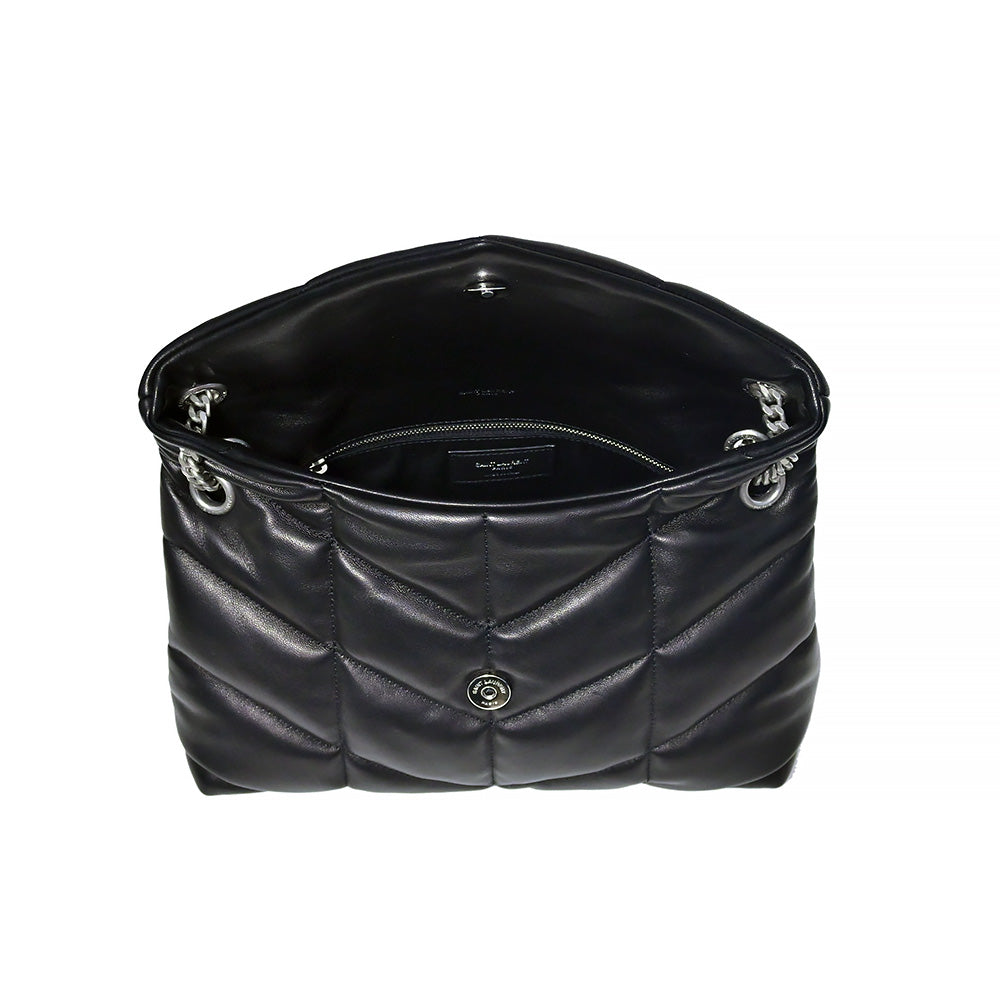 Black Nappa Leather Puffer Small Chain Bag (Antique Silvertone Hardware) (Rented Out)