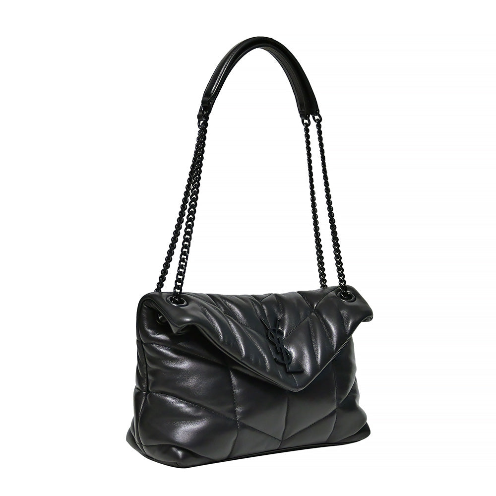 Black Nappa Leather Puffer Small Chain Bag (Black Metal Hardware) (Rented Out)