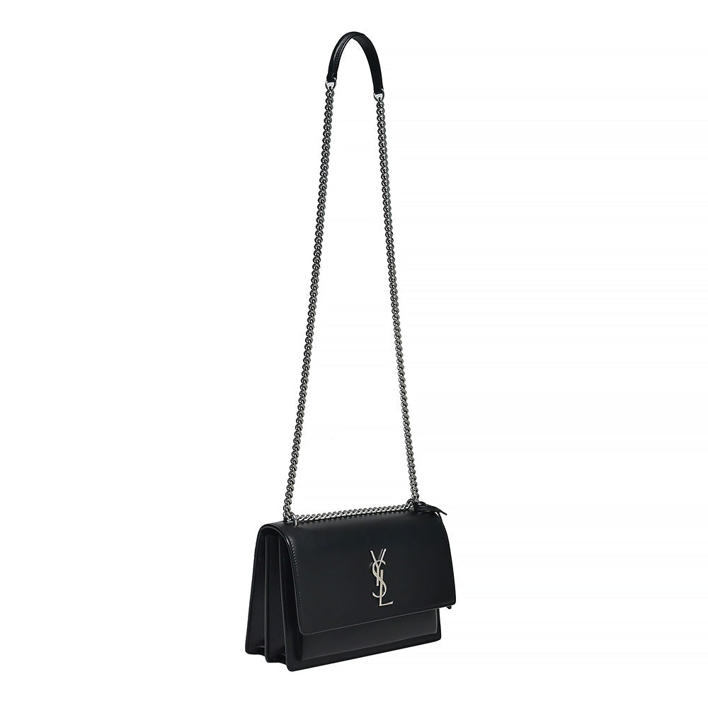 Black Smooth Leather Sunset Medium Chain Bag (Silvertone Hardware) - 2 (Rented Out)