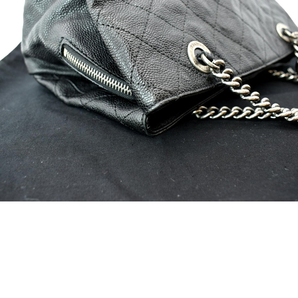 CHANEL CC Zip Diamond Embossed Leather Shopping Tote Shoulder Bag Black