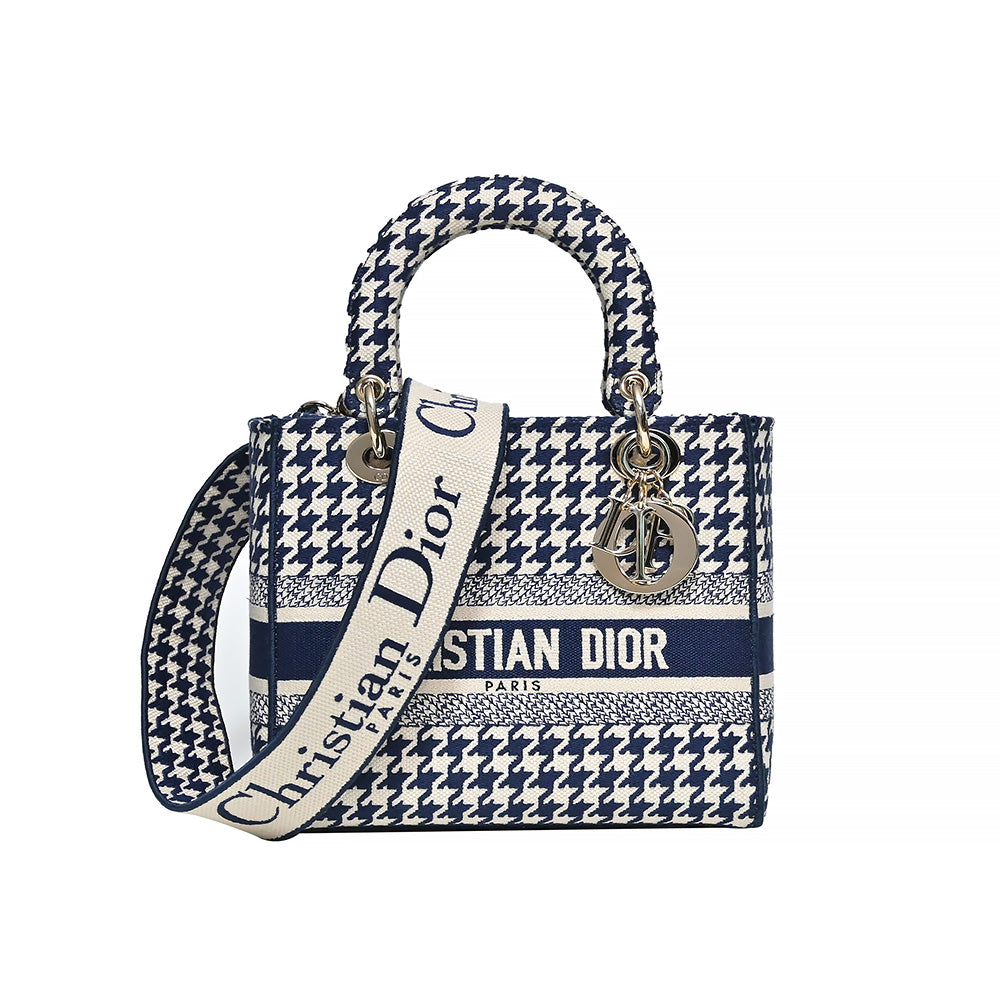 Black and White Houndstooth Embroidery Medium Lady D-Lite Bag (Rented Out)