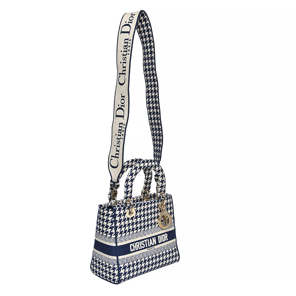 Black and White Houndstooth Embroidery Medium Lady D-Lite Bag (Rented Out)