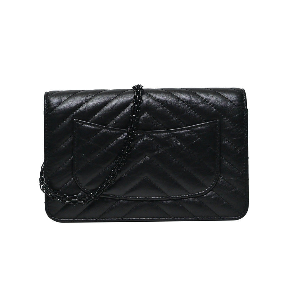 Black 2.55 Distressed Chevron Nappa Wallet On Chain (Rented Out)