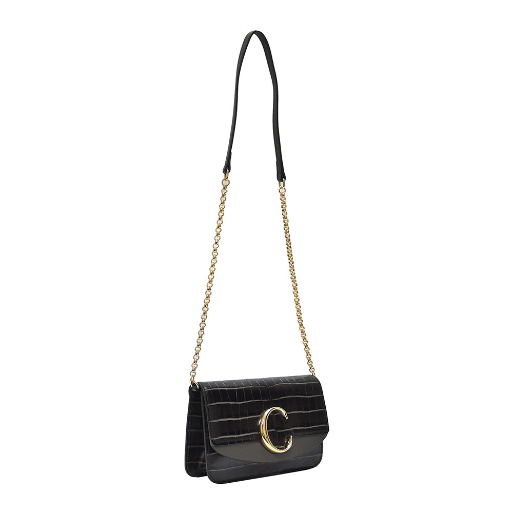 Black Croc Embossed Chloe C Clutch With Chain (Rented Out)
