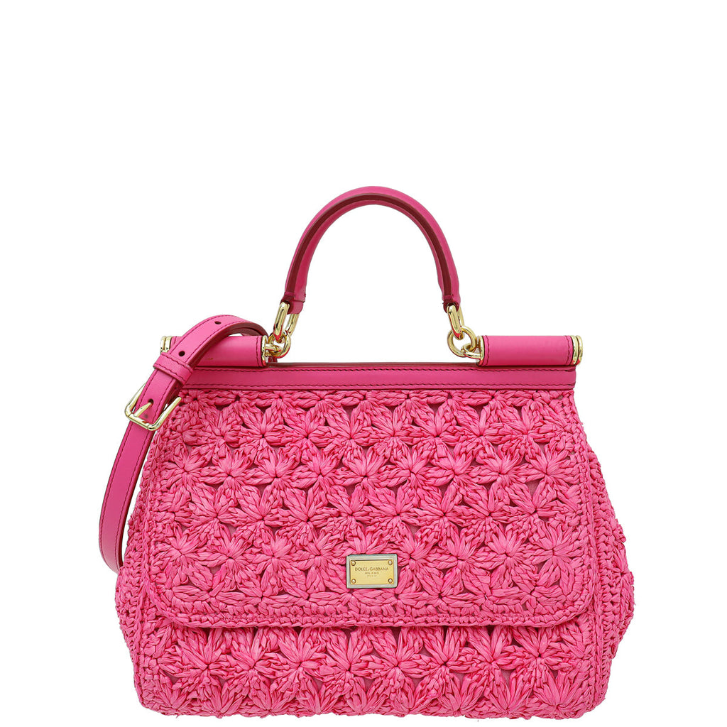 Dolce & Gabbana Fuchsia Raffia Sicily Medium Flap Bag