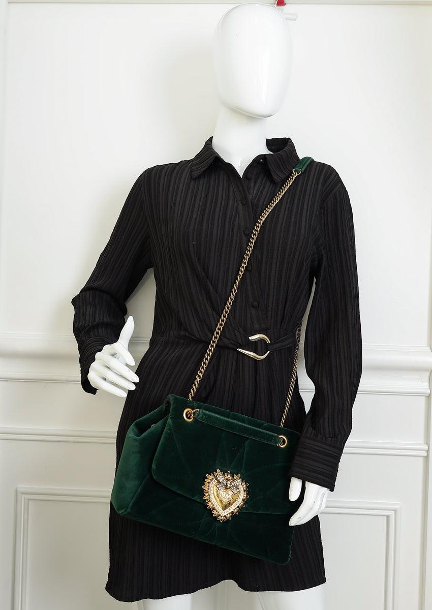 Dolce & Gabbana Emerald Green Devotion Velvet Large Shoulder Bag