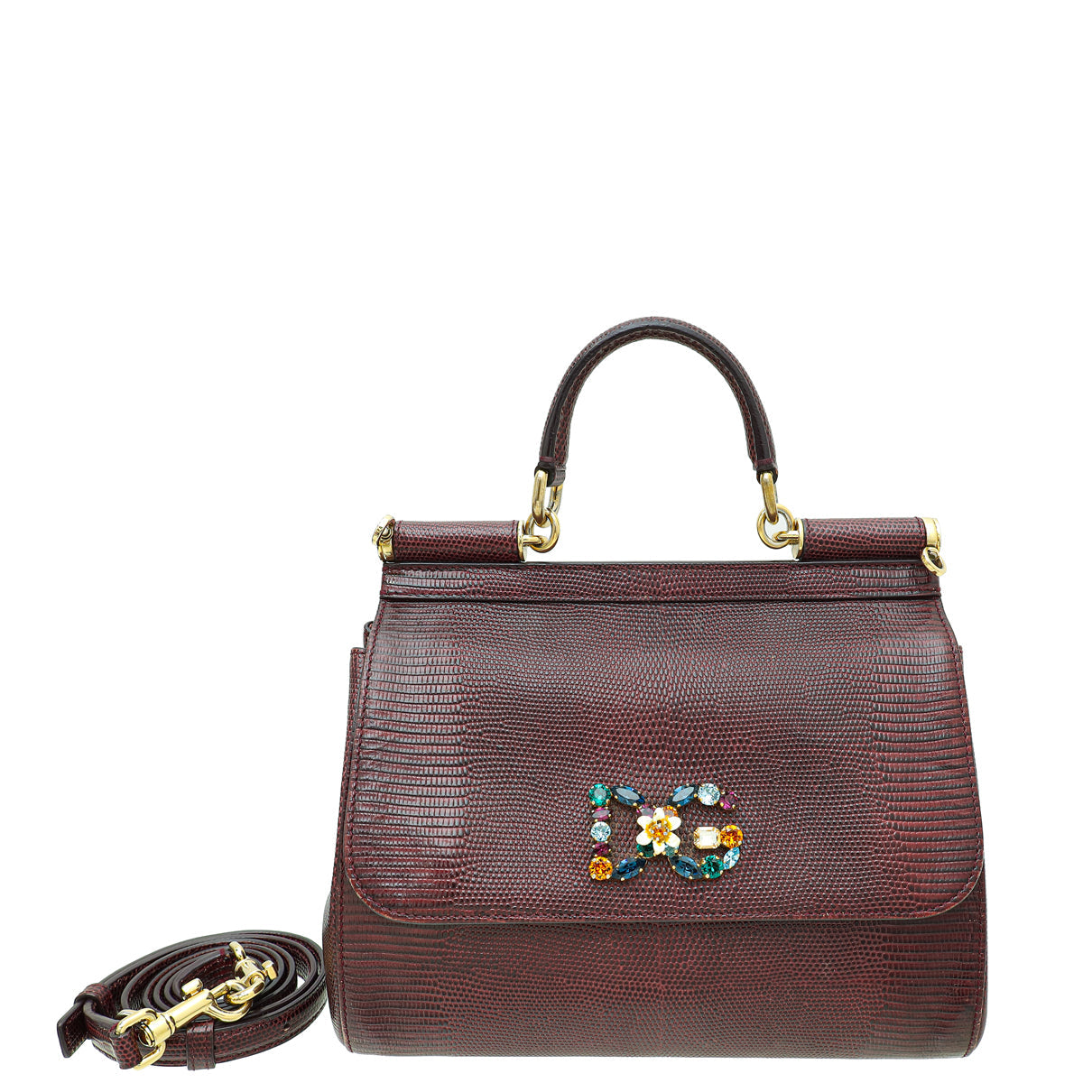 Dolce & Gabbana Burgundy Lizard Embossed DG Crystal Sicily Medium Bag