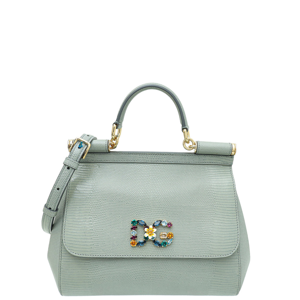 Dolce & Gabbana Gray Lizard Embossed DG Crystal Sicily Bag