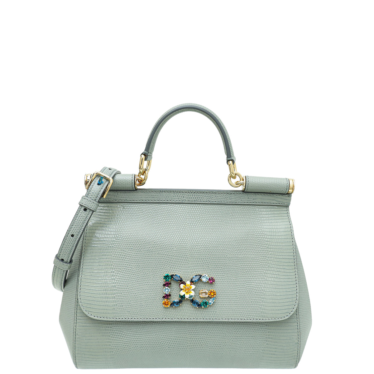 Dolce & Gabbana Gray Lizard Embossed DG Crystal Sicily Bag