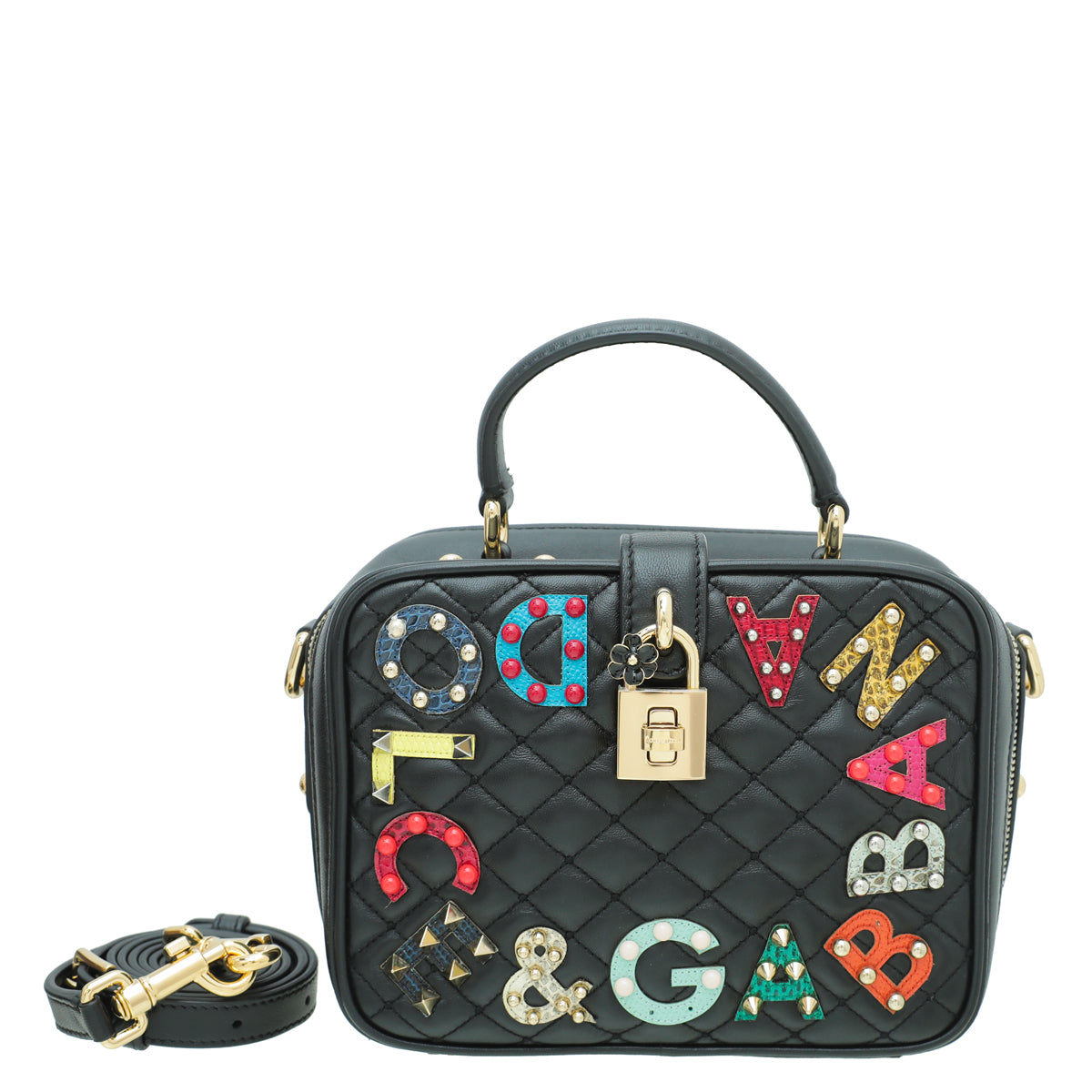 Dolce & Gabbana Black Multicolor Logo Studded Dolce Box Top Handle