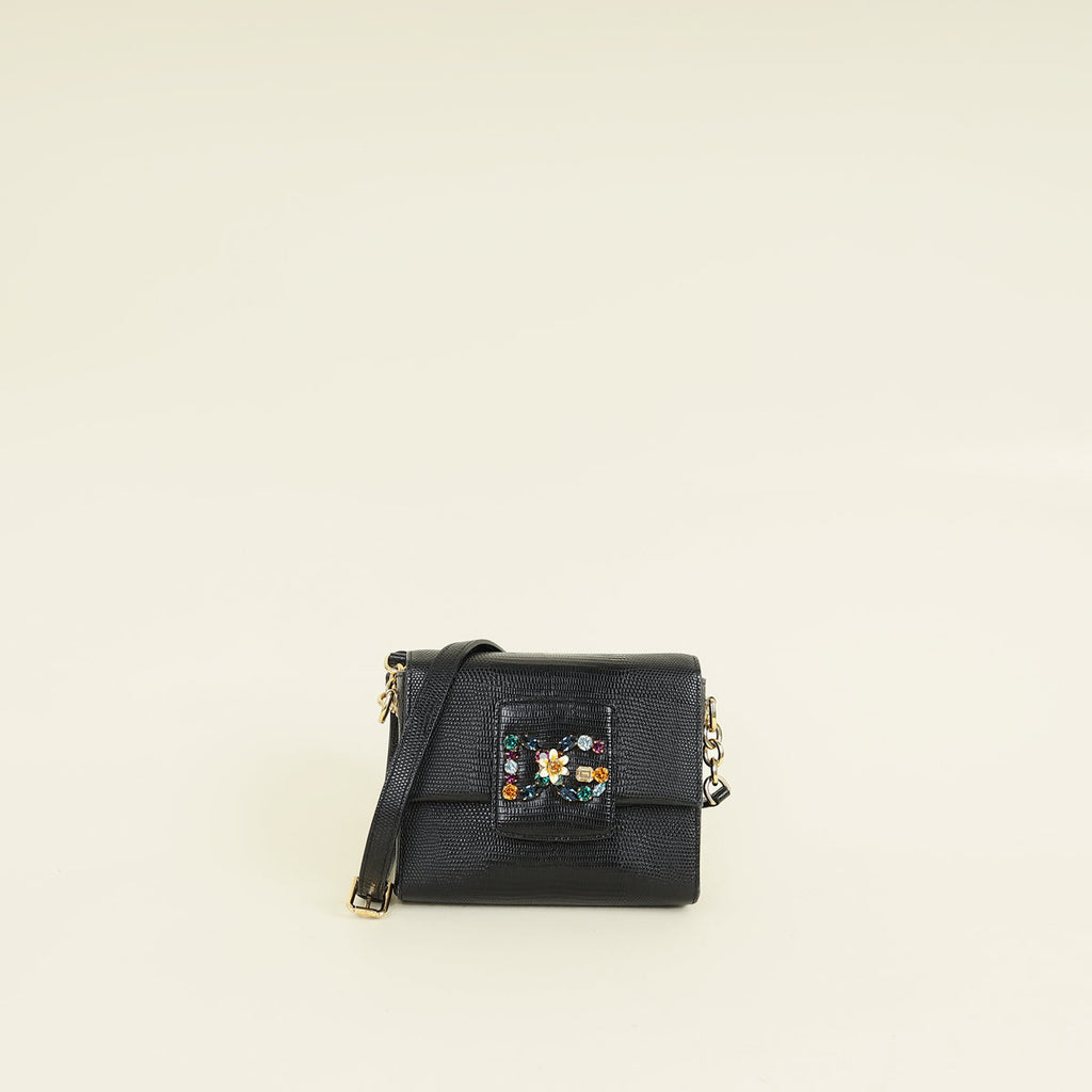 Dolce & Gabbana Black Lizard Embossed DG Millennials Flap Shoulder Bag