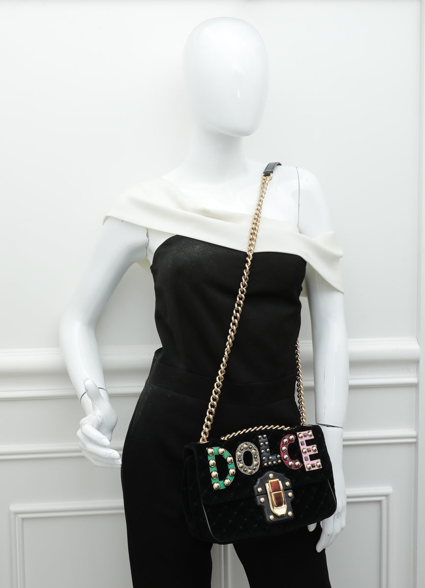 Dolce & Gabbana Black Multicolor Velvet Lucia Falp Chain Bag