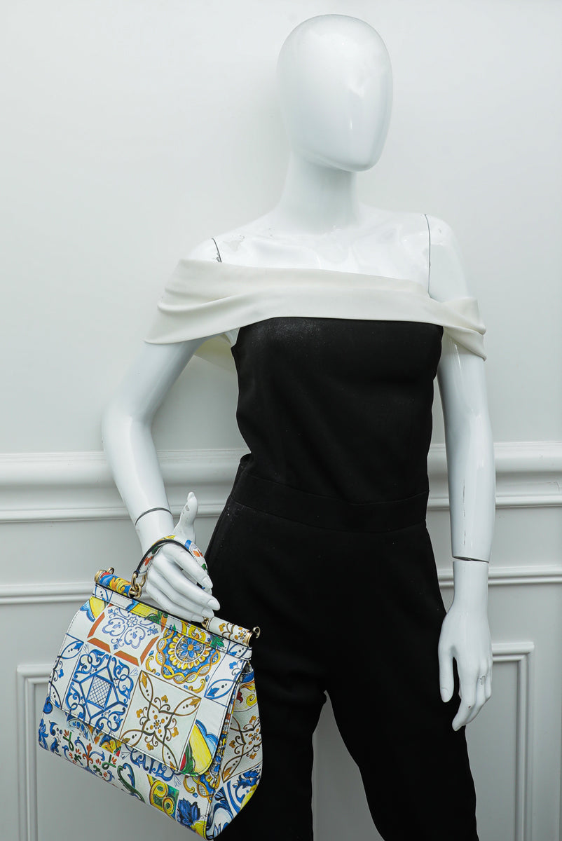 Dolce & Gabbana White Multicolor Majolica Print Sicily Bag