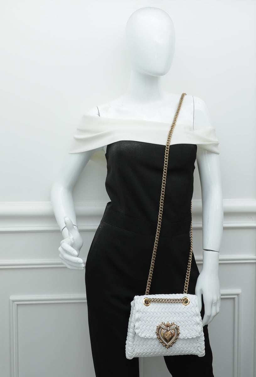 Dolce & Gabbana White Woven Devotion Small Chain Bag