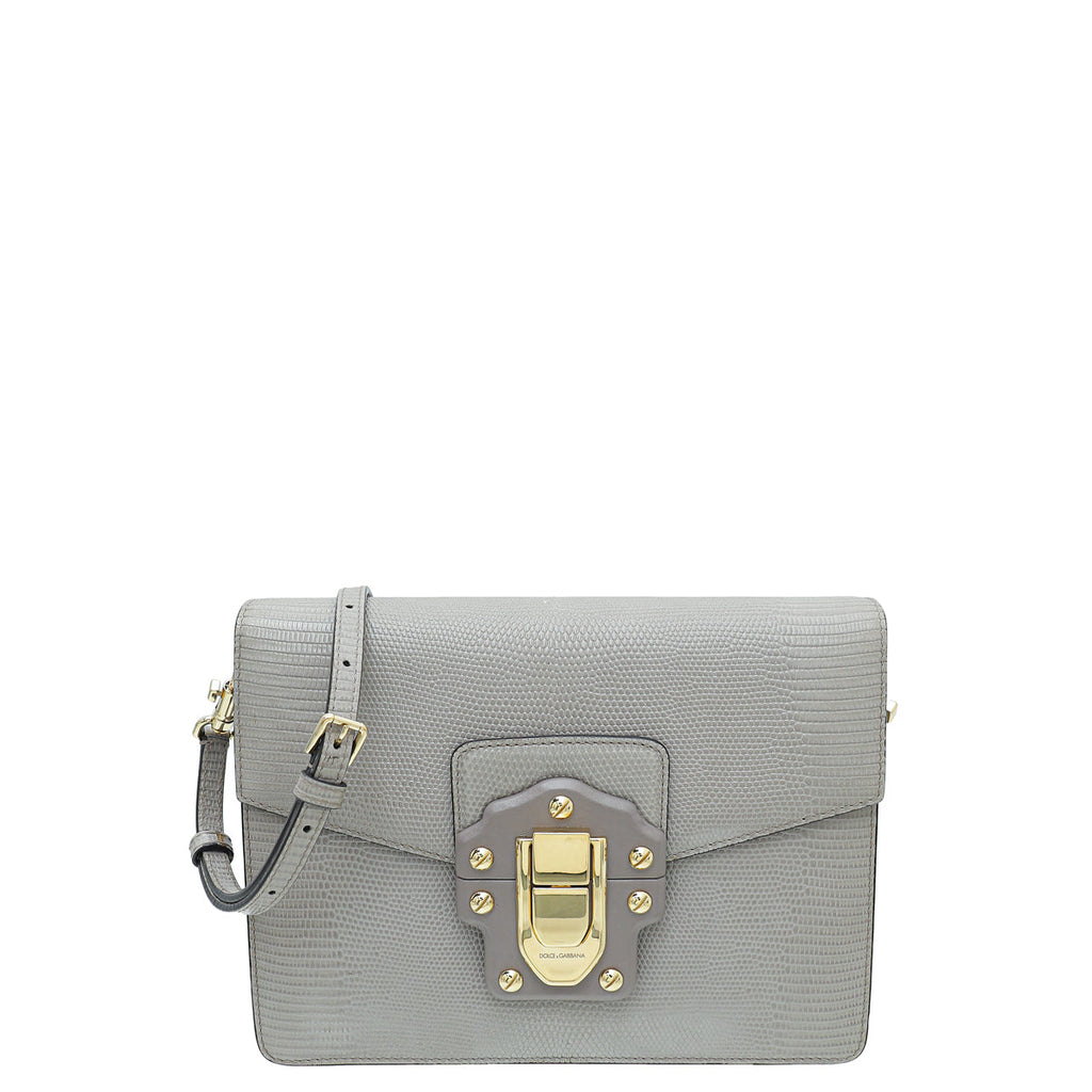 Dolce & Gabbana Light Gray Lizard Embossed Lucia Flap Bag