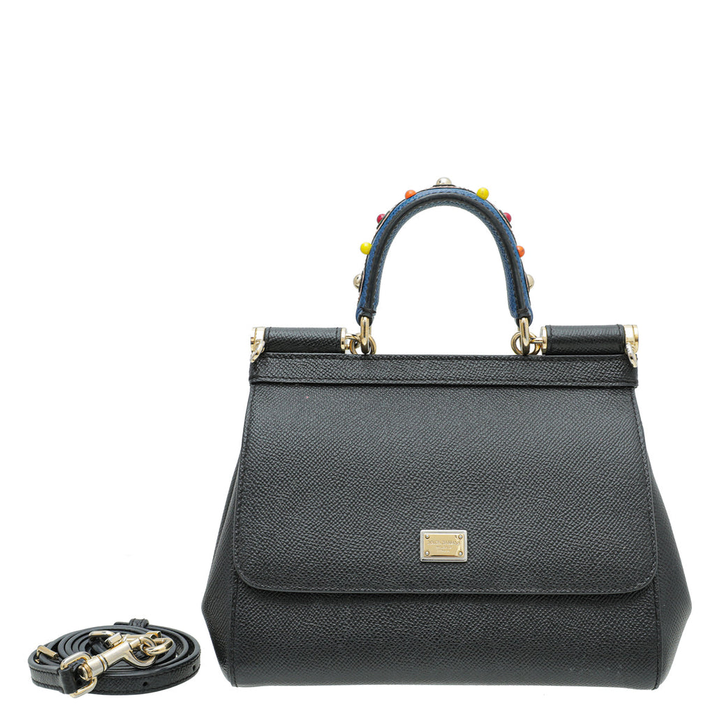 Dolce & Gabbana Black Studded Handle Small Sicily Bag