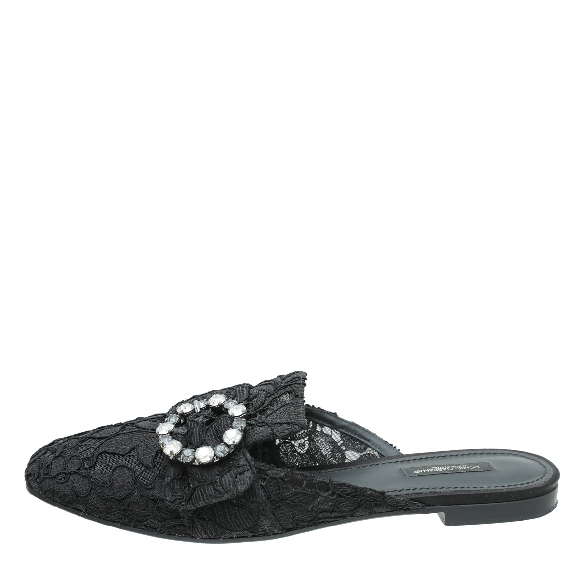 Dolce & Gabbana Black Lace Crystal Buckle Mules 39.5