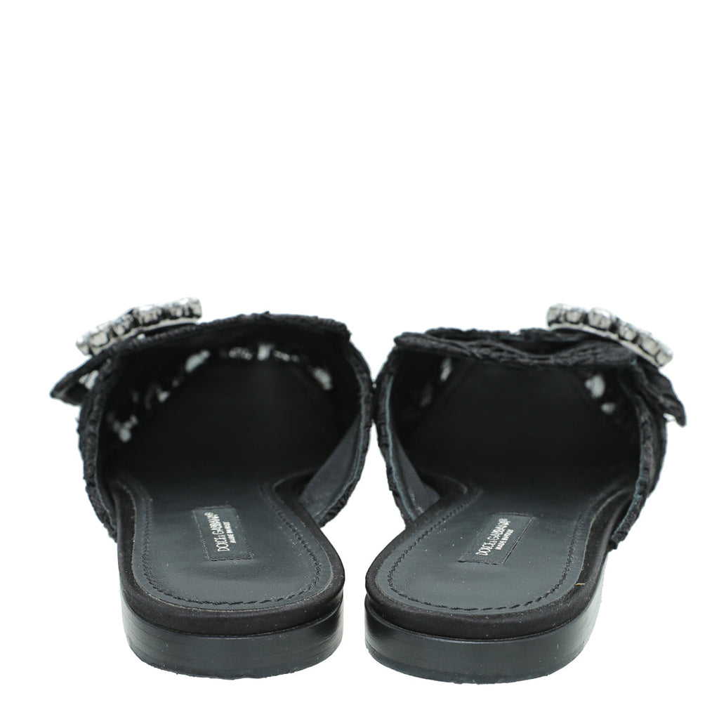 Dolce & Gabbana Black Lace Crystal Buckle Mules 39.5