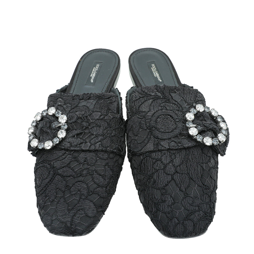 Dolce & Gabbana Black Lace Crystal Buckle Mules 39.5