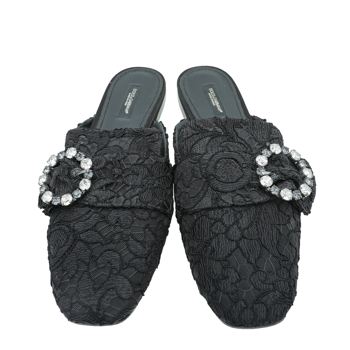Dolce & Gabbana Black Lace Crystal Buckle Mules 39.5