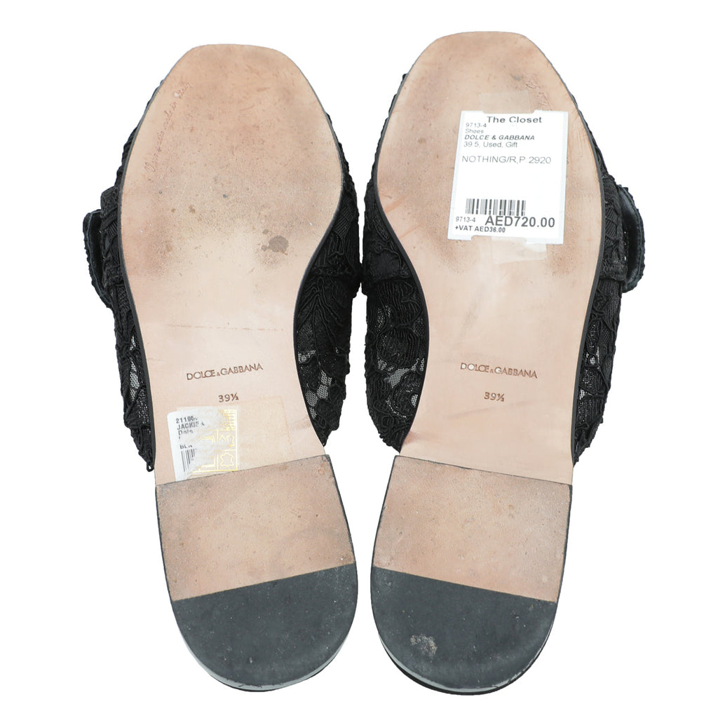 Dolce & Gabbana Black Lace Crystal Buckle Mules 39.5