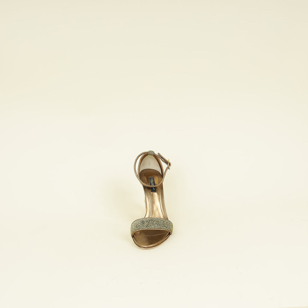 Dolce & Gabbana Metallic Bronze Keira DG Heel Metallic Fabric Ankle Strap Sandals 37