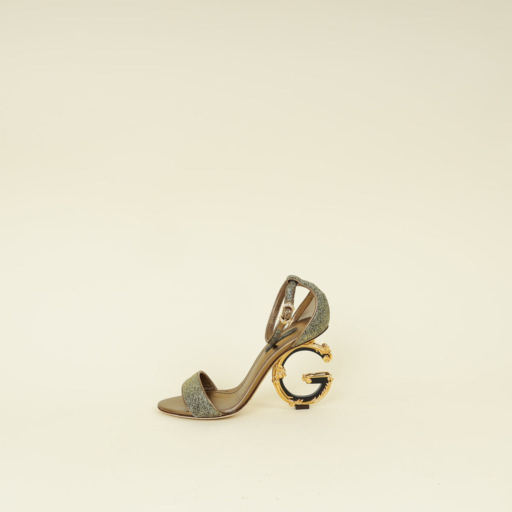 Dolce & Gabbana Metallic Bronze Keira DG Heel Metallic Fabric Ankle Strap Sandals 37