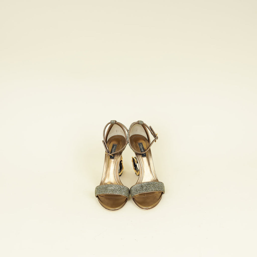 Dolce & Gabbana Metallic Bronze Keira DG Heel Metallic Fabric Ankle Strap Sandals 37