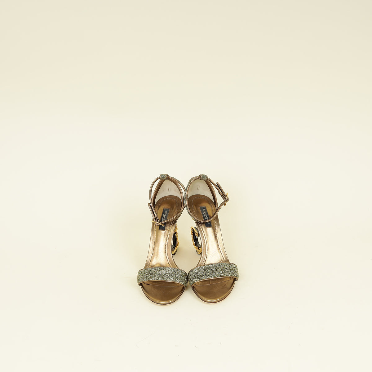 Dolce & Gabbana Metallic Bronze Keira DG Heel Metallic Fabric Ankle Strap Sandals 37