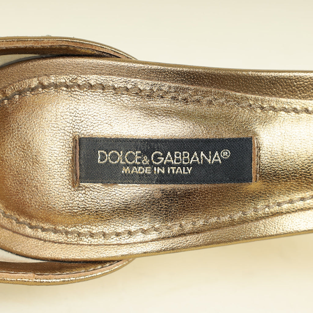 Dolce & Gabbana Metallic Bronze Keira DG Heel Metallic Fabric Ankle Strap Sandals 37