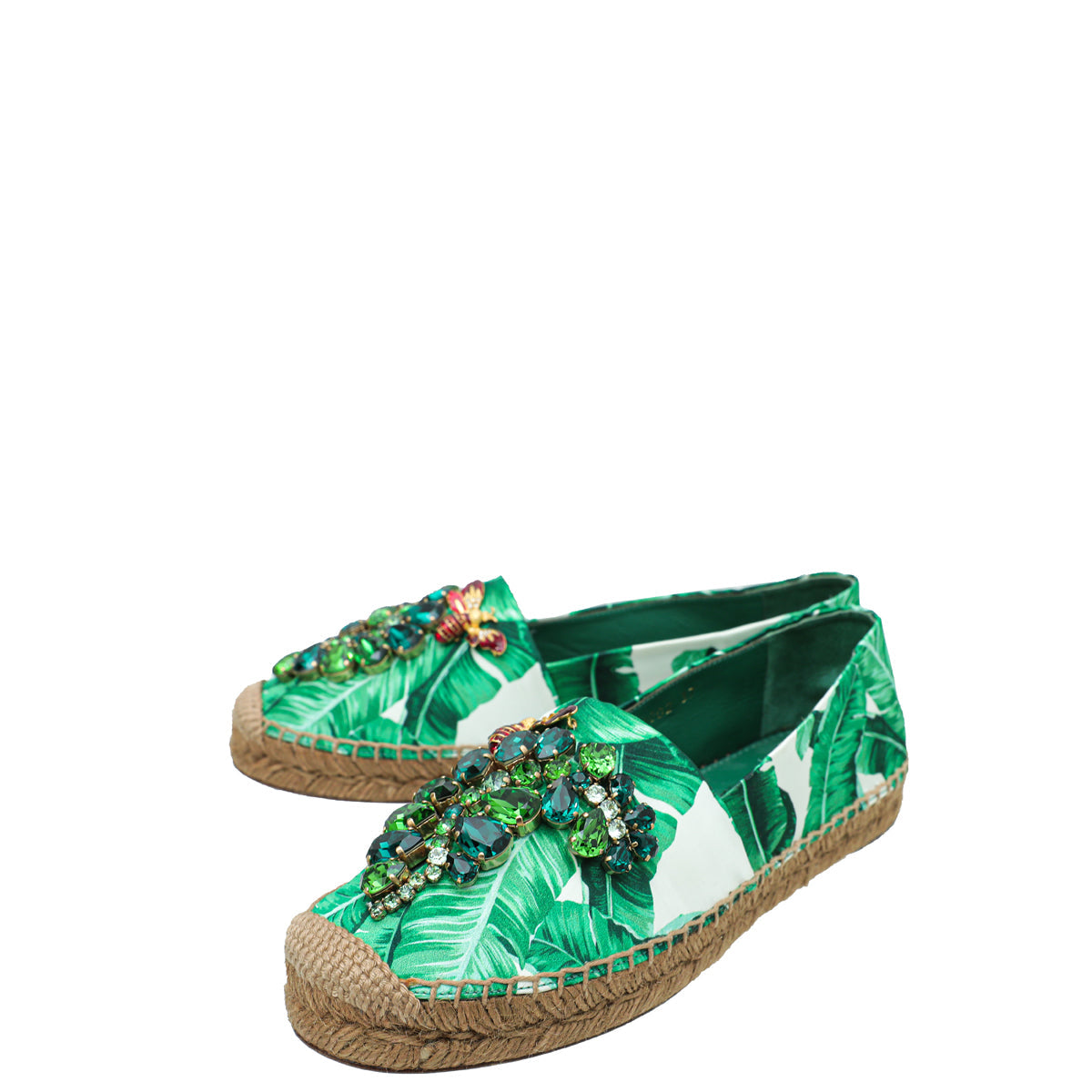 Dolce & Gabbana Green Banana Leaf Print Crystal Embellished Espadrille 37