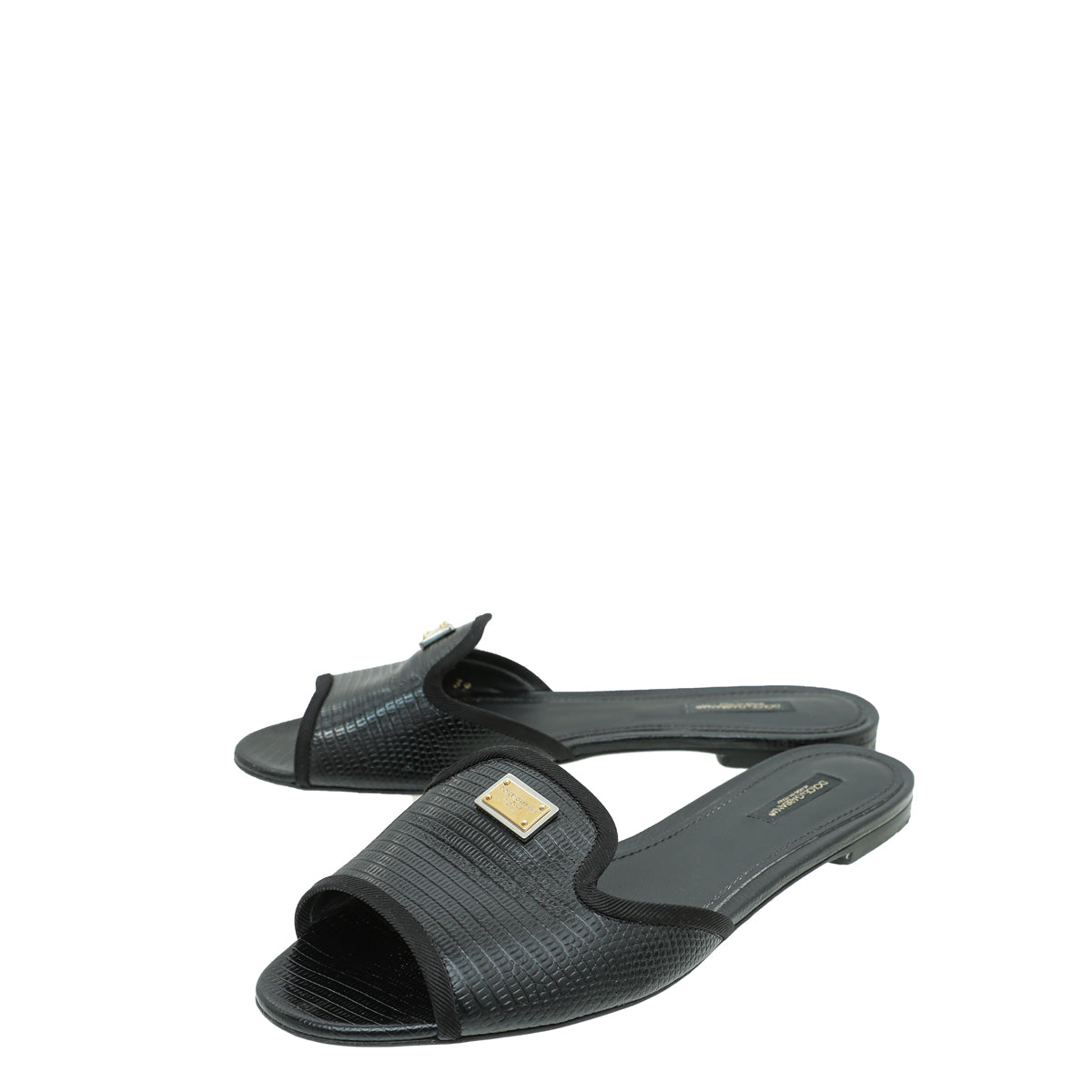 Dolce & Gabbana Black Lizard Embossed Flat Sandals 39