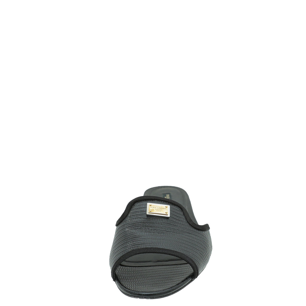Dolce & Gabbana Black Lizard Embossed Flat Sandals 39