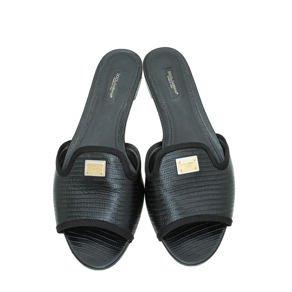 Dolce & Gabbana Black Lizard Embossed Flat Sandals 39